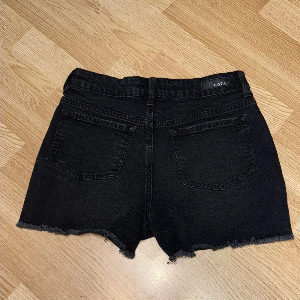 Justice Girls Black Embroidered Peace Smiley Daisy Denim Shorts Size 18 Stretch